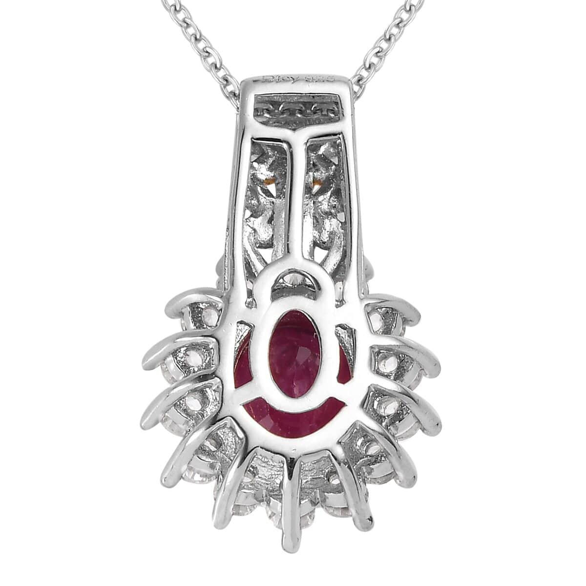 Niassa Ruby and Natural White Zircon Sunburst Pendant Necklace 20 Inches in Vermeil Yellow Gold and Platinum Over Sterling Silver 3.75 ctw image number 4