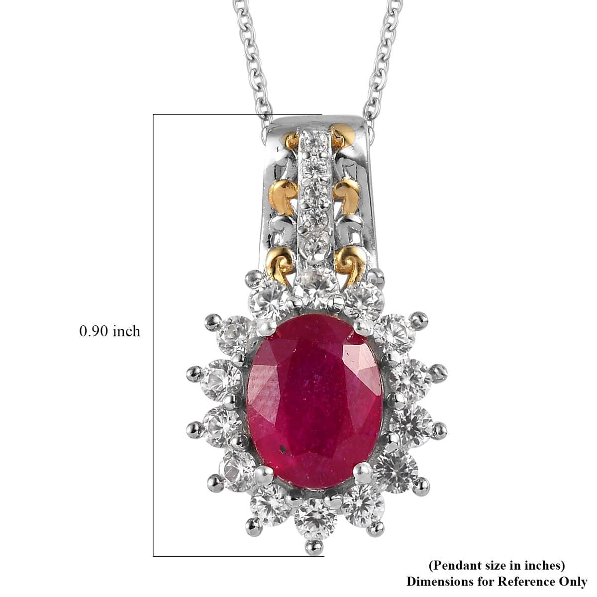 Niassa Ruby (FF) and Natural White Zircon Sunburst Pendant Necklace 20 Inches in Vermeil Yellow Gold and Platinum Over Sterling Silver 3.75 ctw image number 5