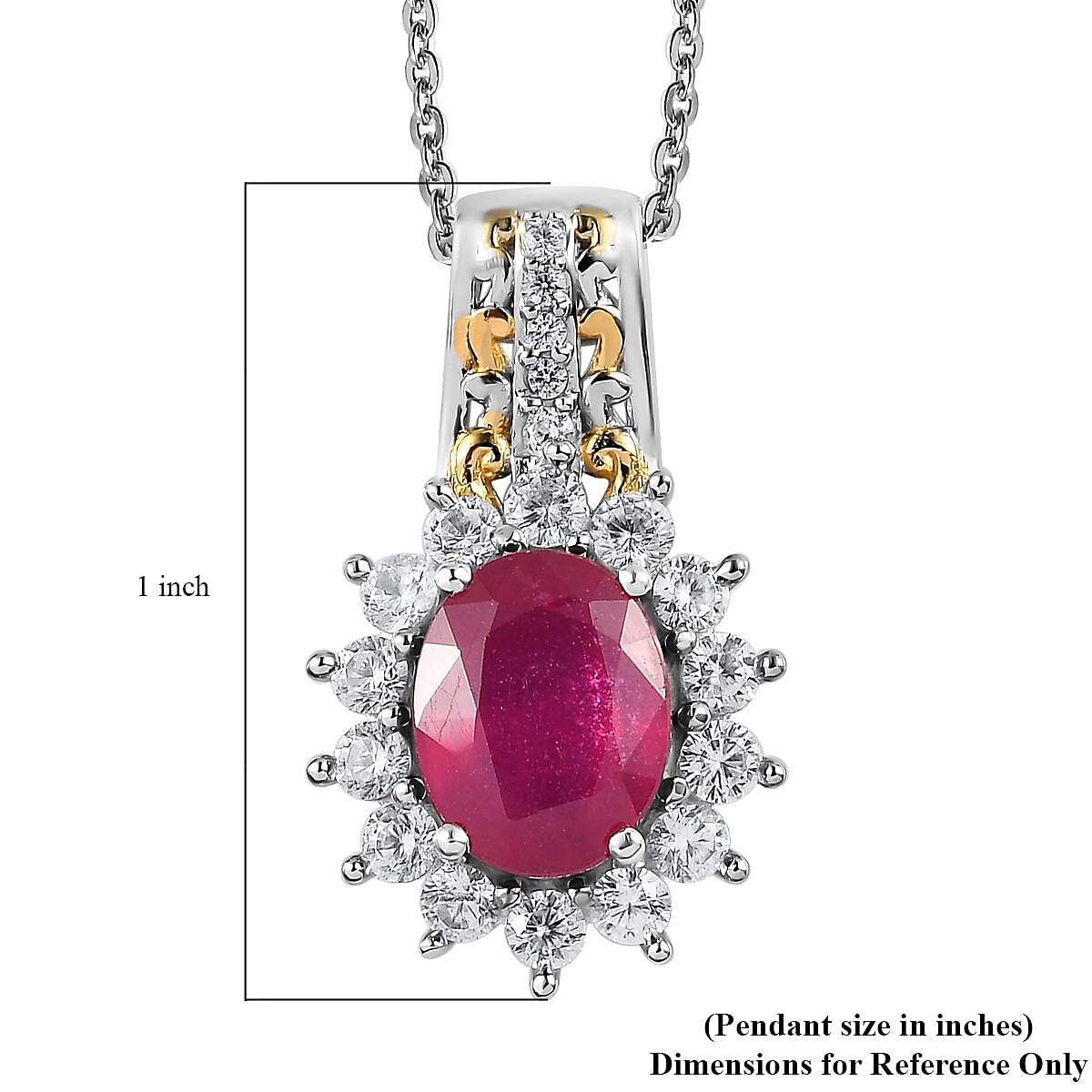 Niassa Ruby (FF) and Natural White Zircon Sunburst Pendant Necklace 20 Inches in Vermeil Yellow Gold and Platinum Over Sterling Silver 3.75 ctw