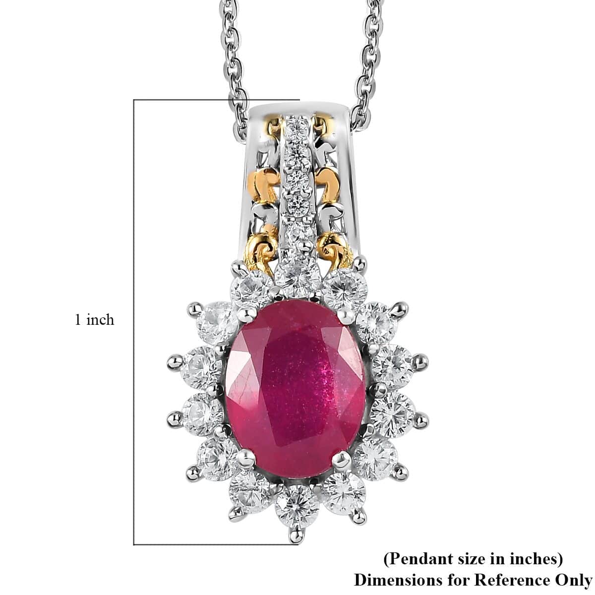 Niassa Ruby (FF) and Natural White Zircon Sunburst Pendant Necklace 20 Inches in Vermeil Yellow Gold and Platinum Over Sterling Silver 3.75 ctw image number 6
