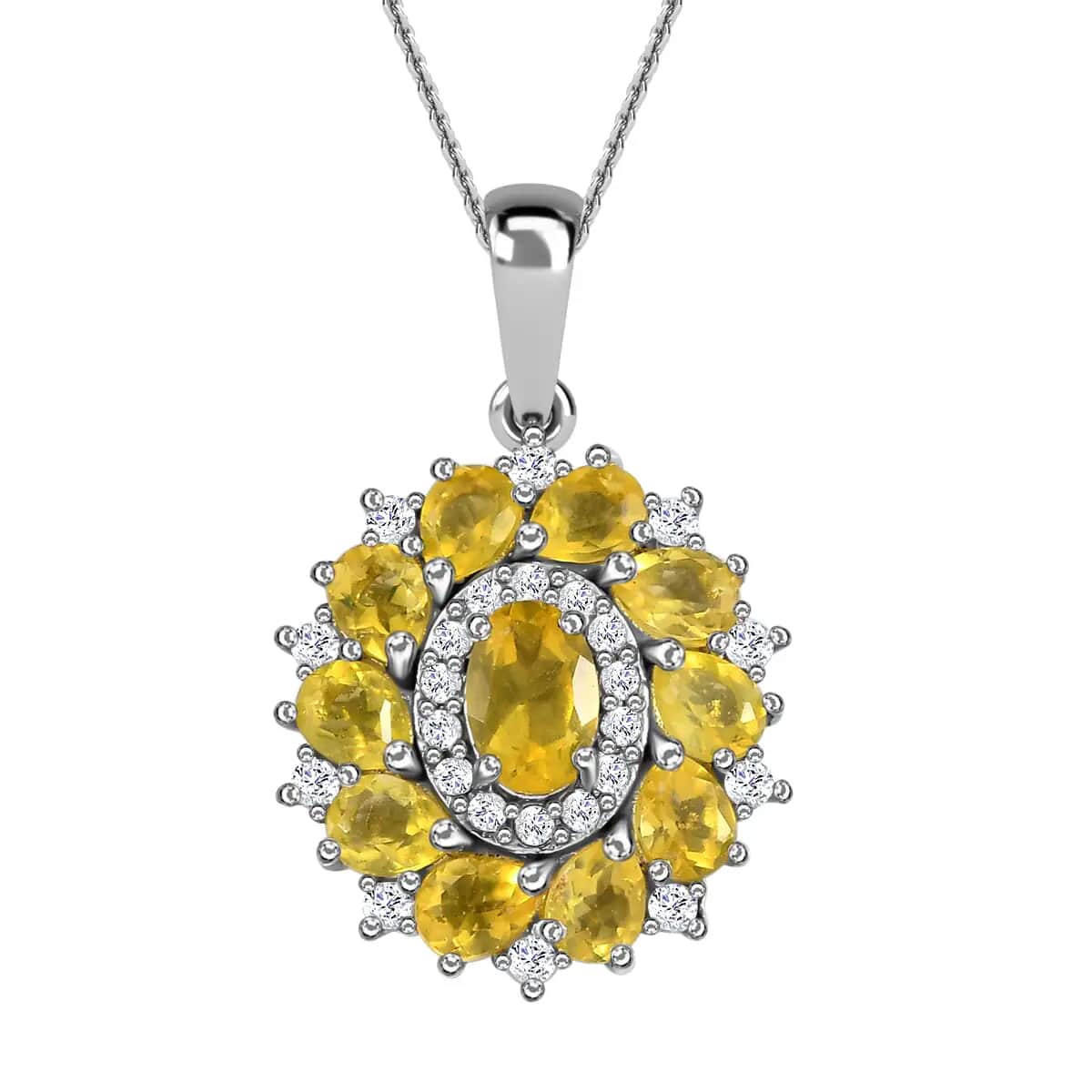 Tanzanian Canary Opal Necklace in Platinum Plated Sterling Silver, White Zircon Floral Pendant, Opal Flower Necklace, Birthday Gifts 1.75 ctw (20 Inches) image number 0