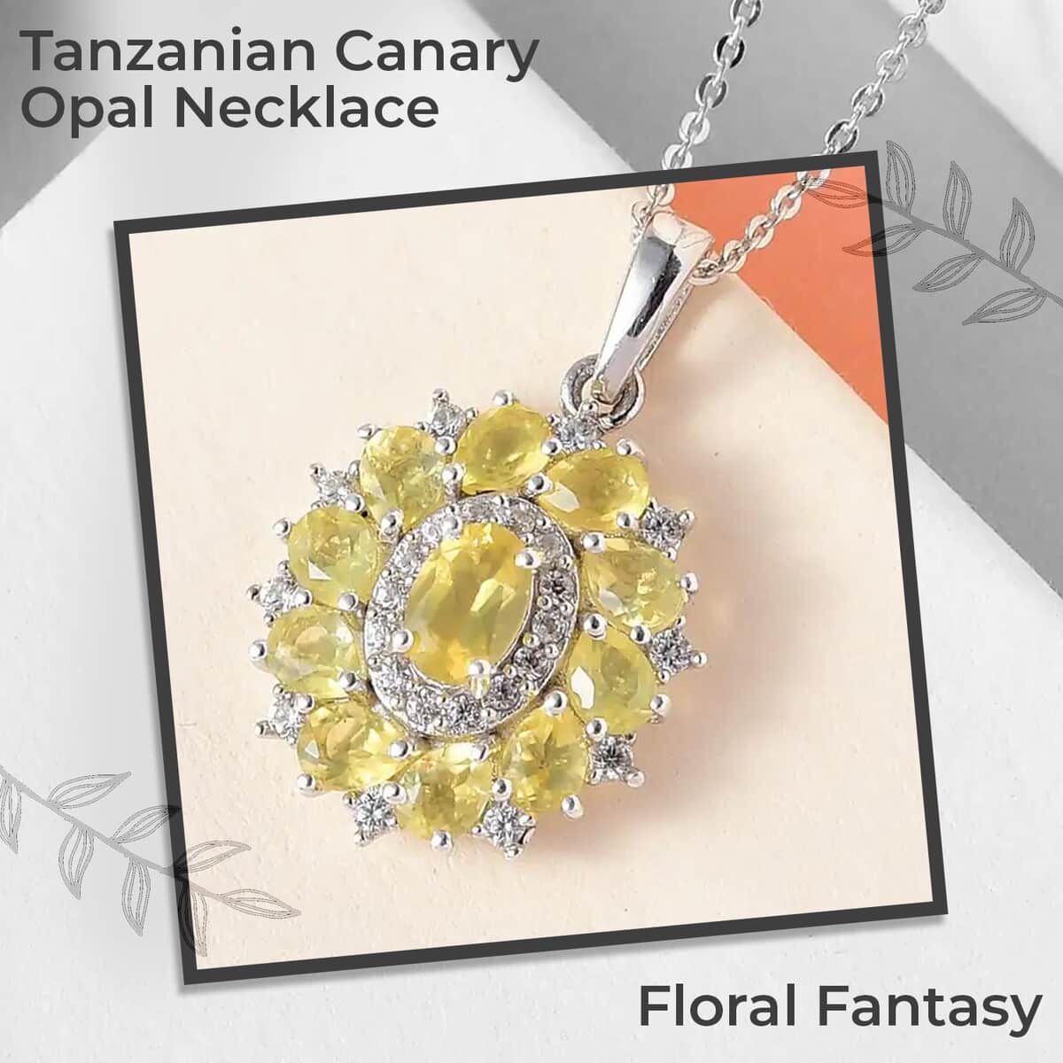 Tanzanian Canary Opal Necklace in Platinum Plated Sterling Silver, White Zircon Floral Pendant, Opal Flower Necklace, Birthday Gifts 1.75 ctw (20 Inches) image number 1