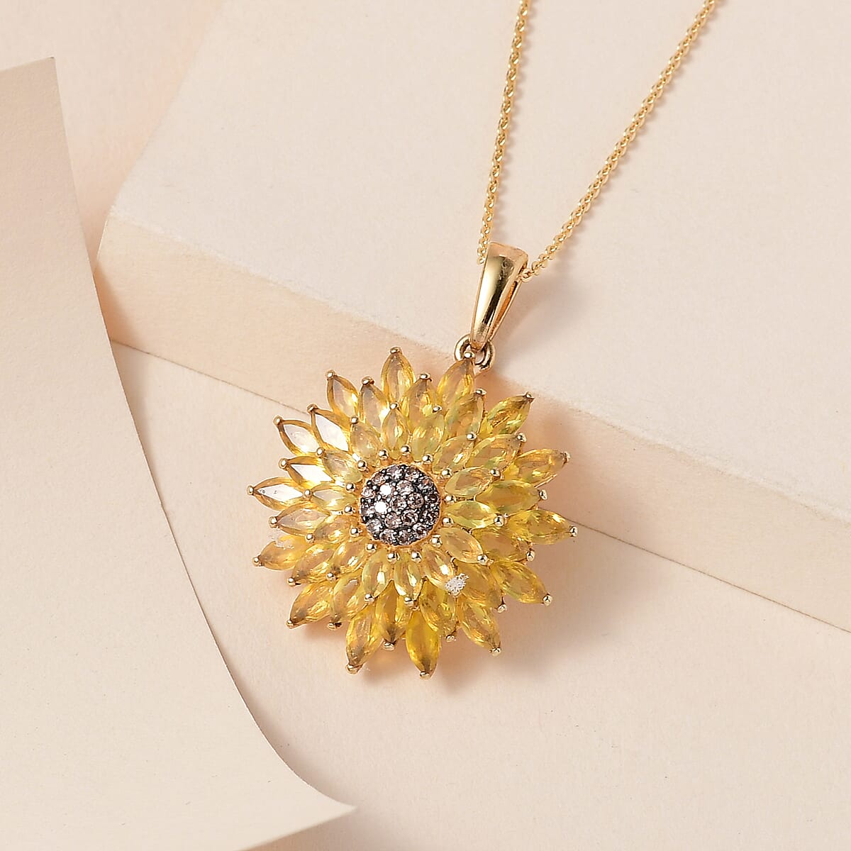 Tanzanian Canary Opal and Brown Zircon Sunflower Pendant Necklace 20 Inches in Vermeil Yellow Gold Over Sterling Silver 4.00 ctw image number 1