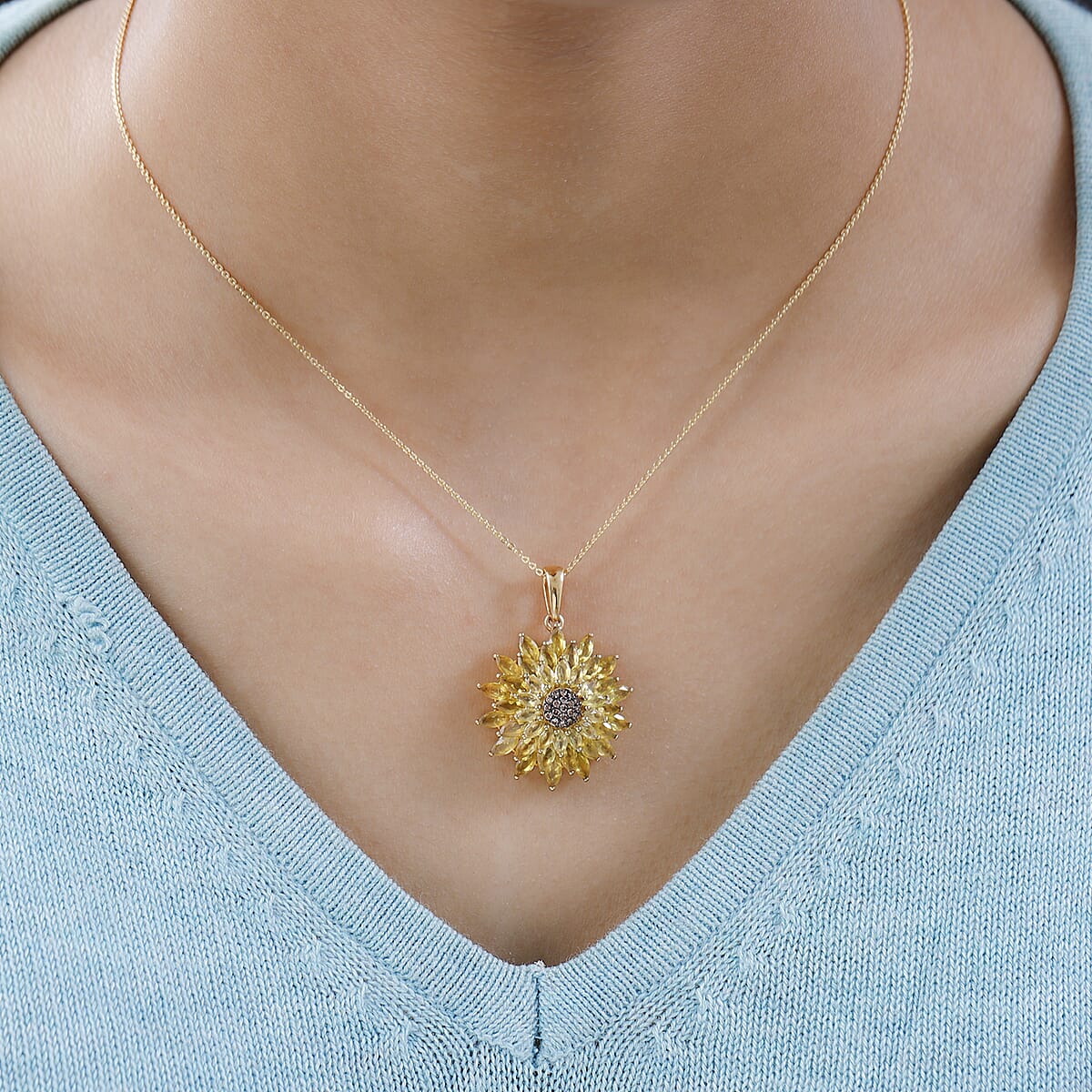 Tanzanian Canary Opal and Brown Zircon Sunflower Pendant Necklace 20 Inches in Vermeil Yellow Gold Over Sterling Silver 4.00 ctw image number 2