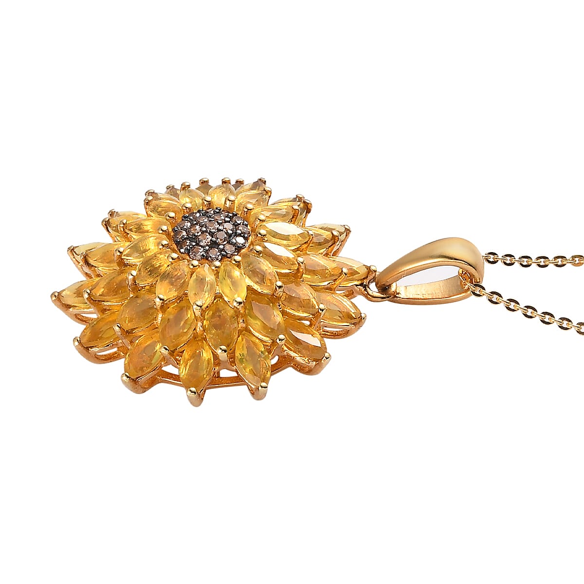 Tanzanian Canary Opal and Brown Zircon Sunflower Pendant Necklace 20 Inches in Vermeil Yellow Gold Over Sterling Silver 4.00 ctw image number 3