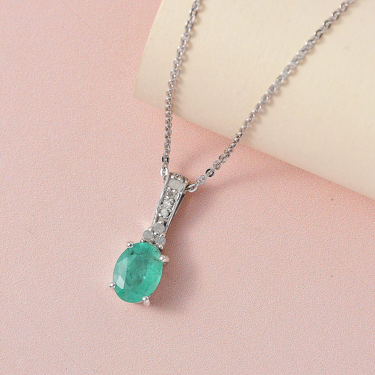 Ethiopian Emerald and Diamond Pendant Necklace 20 Inches in Platinum Over Sterling Silver 1.20 ctw image number 1