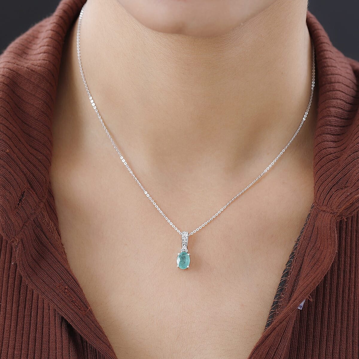 Ethiopian Emerald and Diamond Pendant Necklace 20 Inches in Platinum Over Sterling Silver 1.20 ctw image number 2