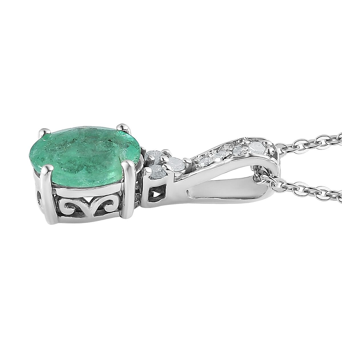 Ethiopian Emerald and Diamond Pendant Necklace 20 Inches in Platinum Over Sterling Silver 1.20 ctw image number 3
