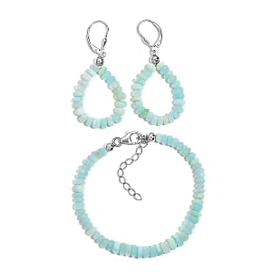 Ankur Treasure Chest Oregon Blue Opal Beaded Earrings and Bracelet (6-8In) in Platinum Over Sterling Silver 30.00 ctw
