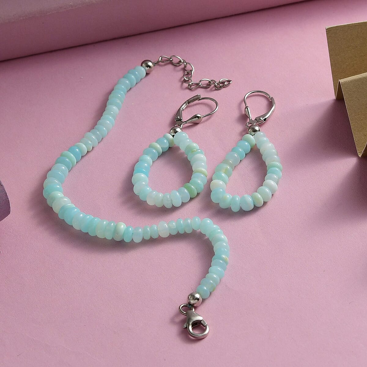 Ankur Treasure Chest Oregon Blue Opal Beaded Earrings and Bracelet (6-8In) in Platinum Over Sterling Silver 30.00 ctw image number 1