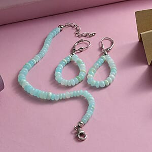 Ankur Treasure Chest Oregon Blue Opal Beaded Earrings and Bracelet (6-8In) in Platinum Over Sterling Silver 30.00 ctw