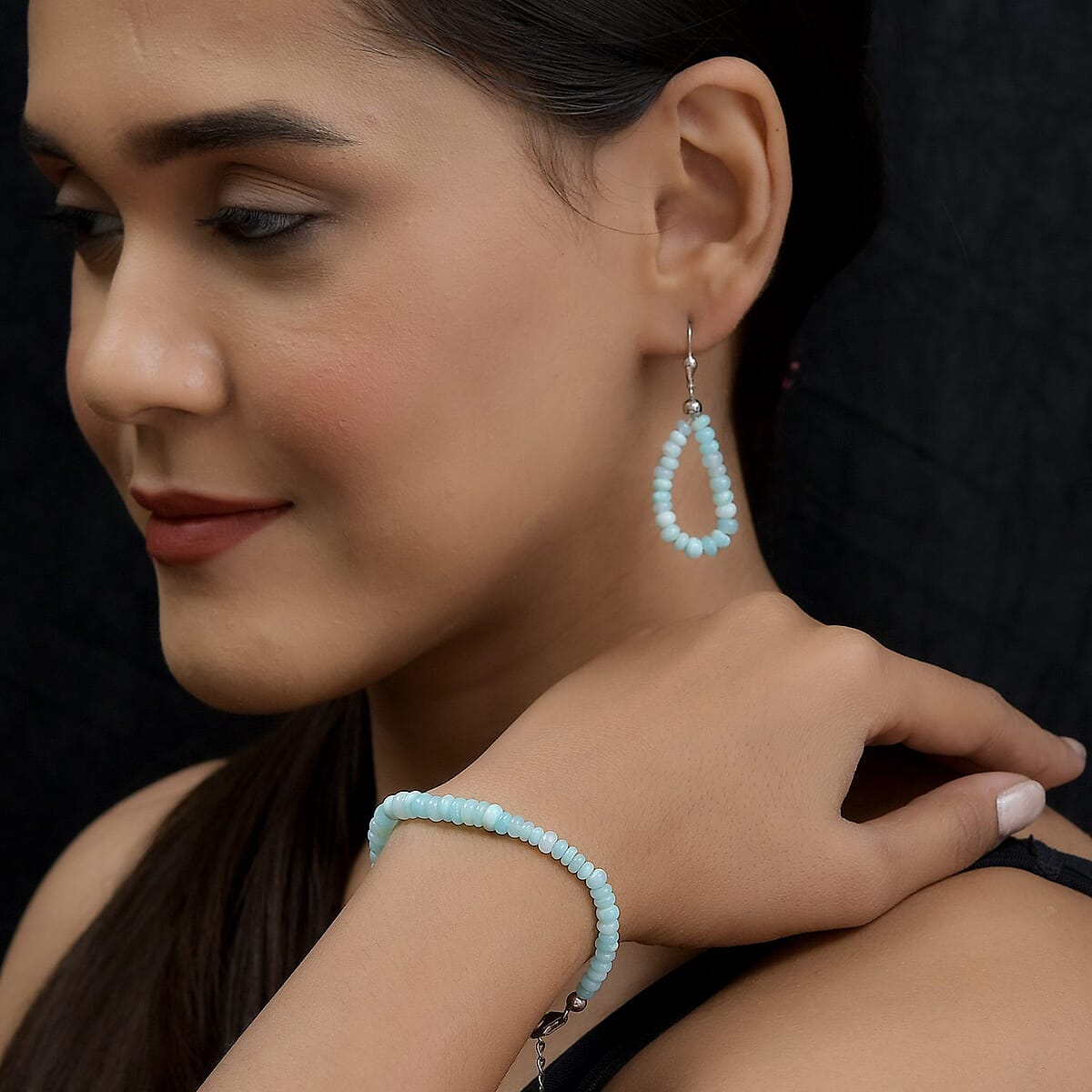 Ankur Treasure Chest Oregon Blue Opal Beaded Earrings and Bracelet (6-8In) in Platinum Over Sterling Silver 30.00 ctw image number 2