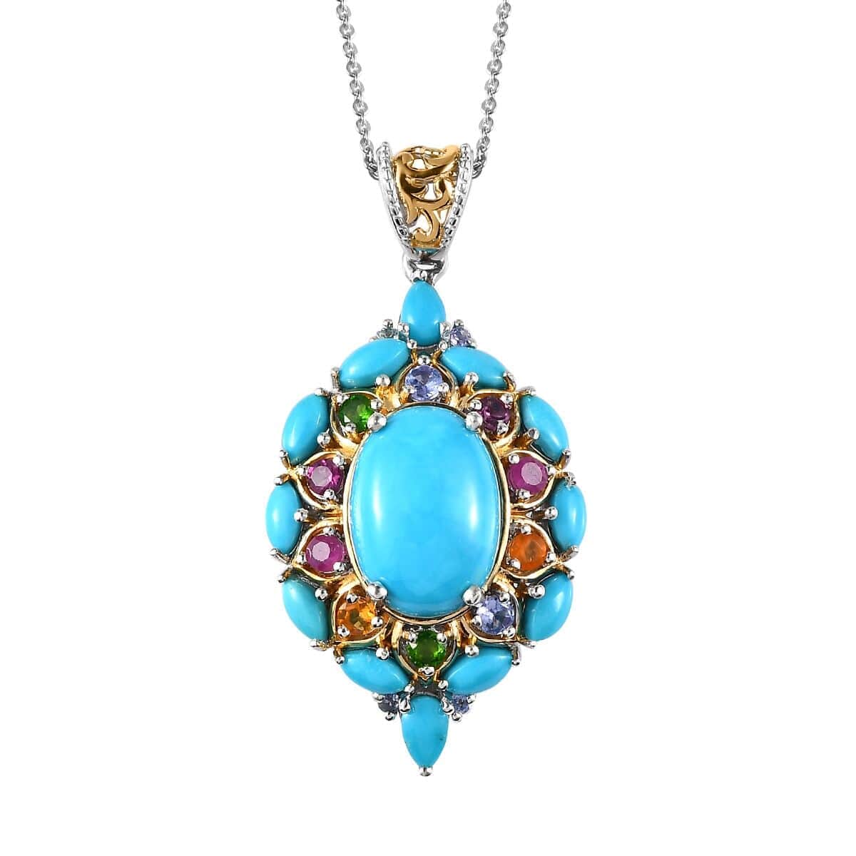 Sleeping Beauty Turquoise and Multi Gemstone Pendant Necklace 20 Inches in Vermeil YG and Platinum Over Sterling Silver 8.25 ctw image number 0