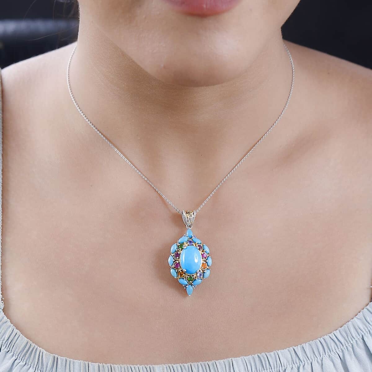 Sleeping Beauty Turquoise and Multi Gemstone Pendant Necklace 20 Inches in Vermeil YG and Platinum Over Sterling Silver 8.25 ctw image number 2