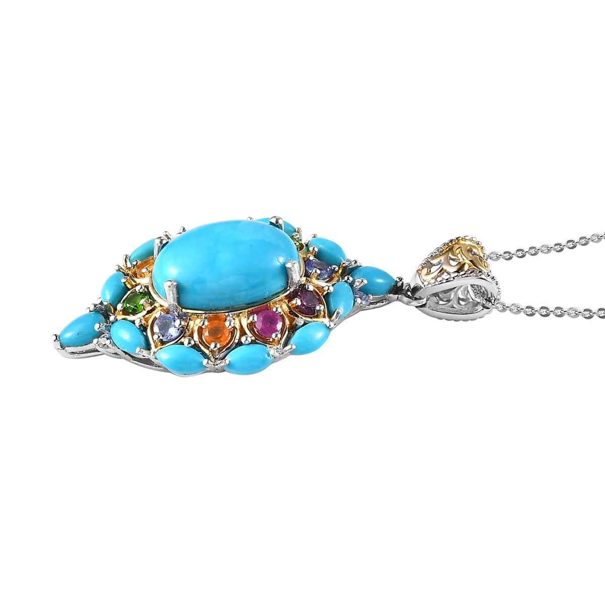 Sleeping Beauty Turquoise and Multi Gemstone Pendant Necklace 20 Inches in Vermeil YG and Platinum Over Sterling Silver 8.25 ctw image number 3
