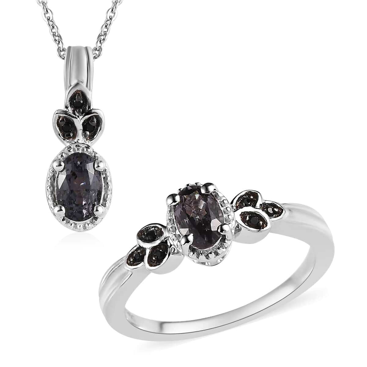 Platinum Spinel, Thai Black Spinel Ring (Size 5.0) and Pendant Necklace (20 Inches) in Platinum Over Sterling Silver 1.20 ctw image number 0