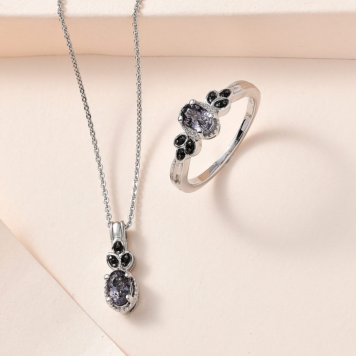 Tanzanian Platinum Spinel and Thai Black Spinel Ring (Size 5.0) and Pendant Necklace 20 Inches in Platinum Over Sterling Silver 1.20 ctw