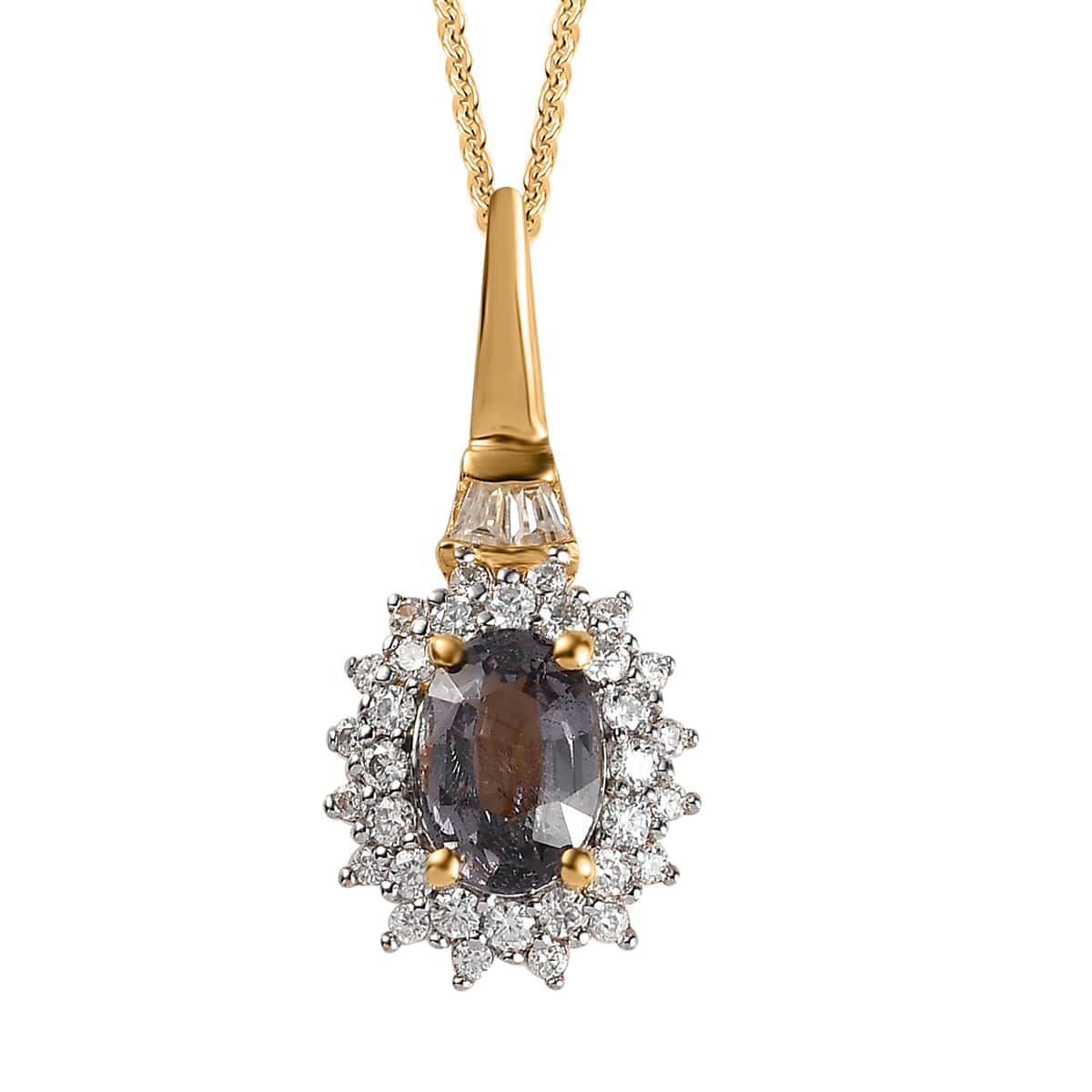 Tanzanian Platinum Spinel and Moissanite Sunburst Pendant Necklace 20 Inches in Vermeil Yellow Gold Over Sterling Silver 1.15 ctw image number 0