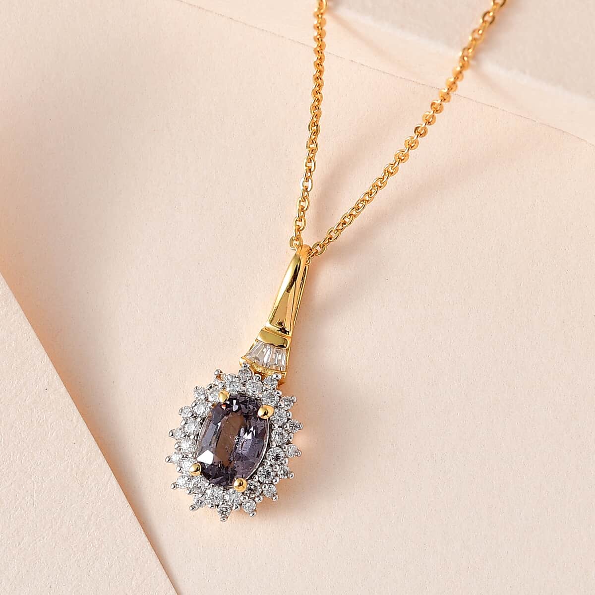 Tanzanian Platinum Spinel and Moissanite Sunburst Pendant Necklace 20 Inches in Vermeil Yellow Gold Over Sterling Silver 1.15 ctw image number 1
