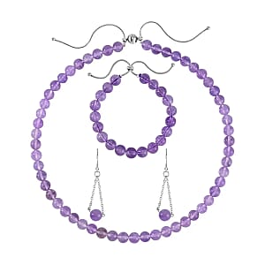 Lavender Amethyst and African Amethyst Jewelry Set of Dangle Earrings, Bolo Bracelet and Beaded Necklace, 18-22 Inch Necklace, Stainless Steel Jewelry Set 256.55 ctw