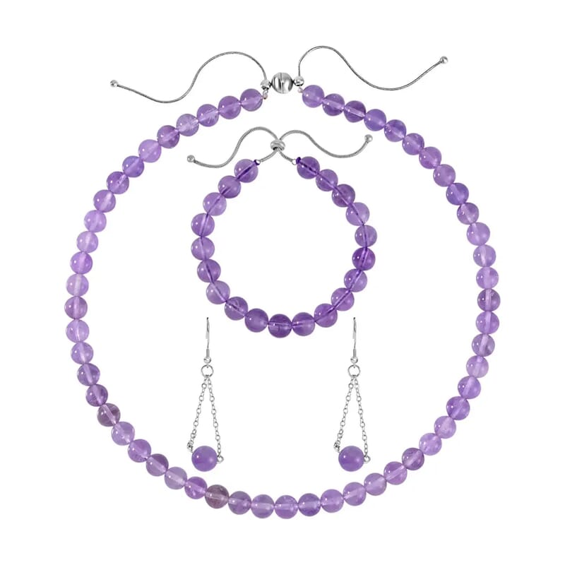 Lavender Amethyst and African Amethyst Jewelry Set of Dangle Earrings, Bolo Bracelet and Beaded Necklace, 18-22 Inch Necklace, Stainless Steel Jewelry Set 256.55 ctw