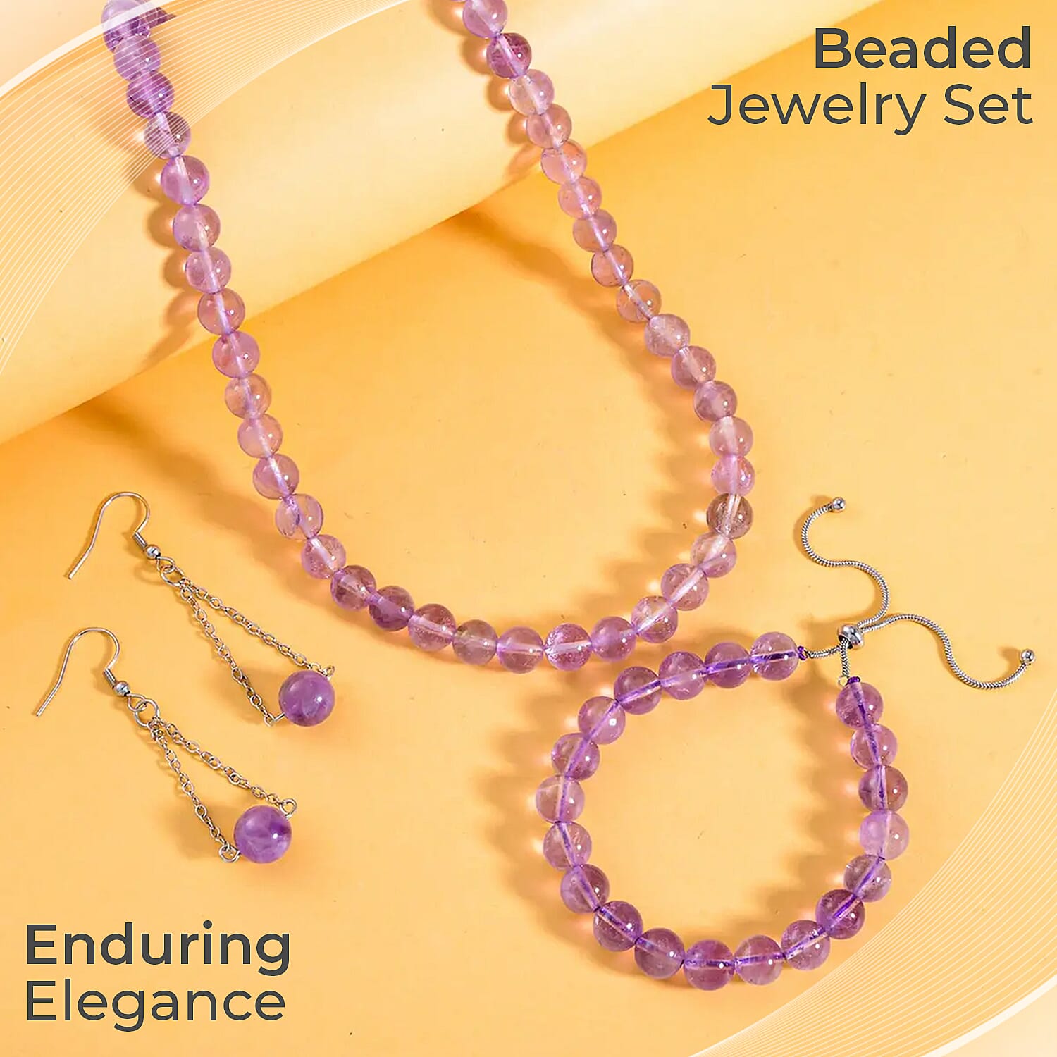Lavender Amethyst and African Amethyst Jewelry Set of Dangle Earrings, Bolo Bracelet and Beaded Necklace, 18-22 Inch Necklace, Stainless Steel Jewelry Set 256.55 ctw