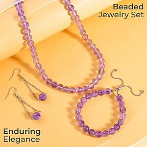 Lavender Amethyst and African Amethyst Jewelry Set of Dangle Earrings, Bolo Bracelet and Beaded Necklace, 18-22 Inch Necklace, Stainless Steel Jewelry Set 256.55 ctw