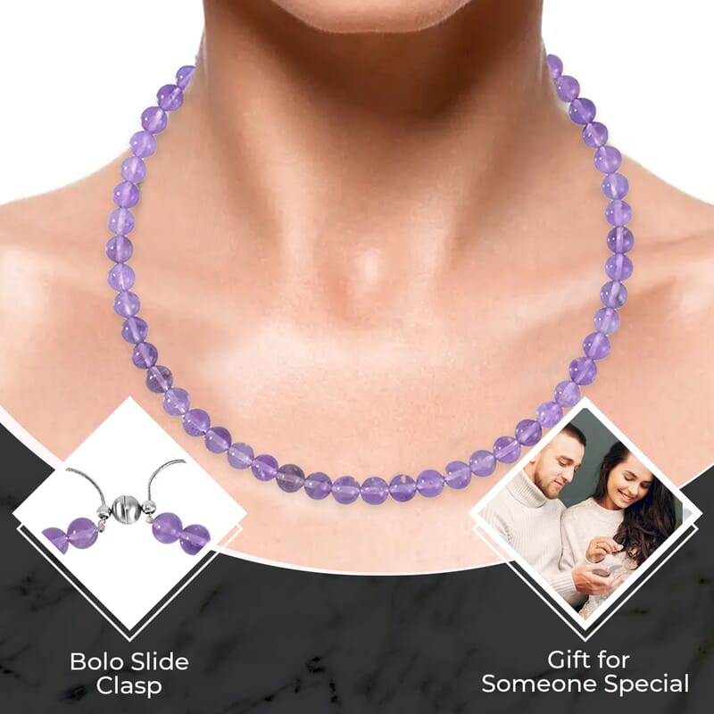 Lavender Amethyst and African Amethyst Jewelry Set of Dangle Earrings, Bolo Bracelet and Beaded Necklace, 18-22 Inch Necklace, Stainless Steel Jewelry Set 256.55 ctw