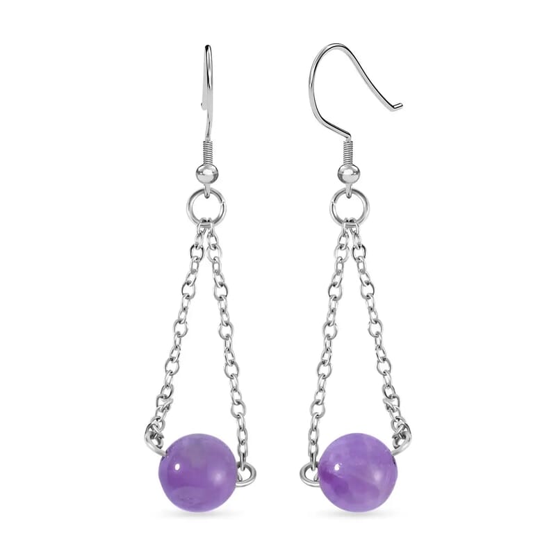 Lavender Amethyst and African Amethyst Jewelry Set of Dangle Earrings, Bolo Bracelet and Beaded Necklace, 18-22 Inch Necklace, Stainless Steel Jewelry Set 256.55 ctw
