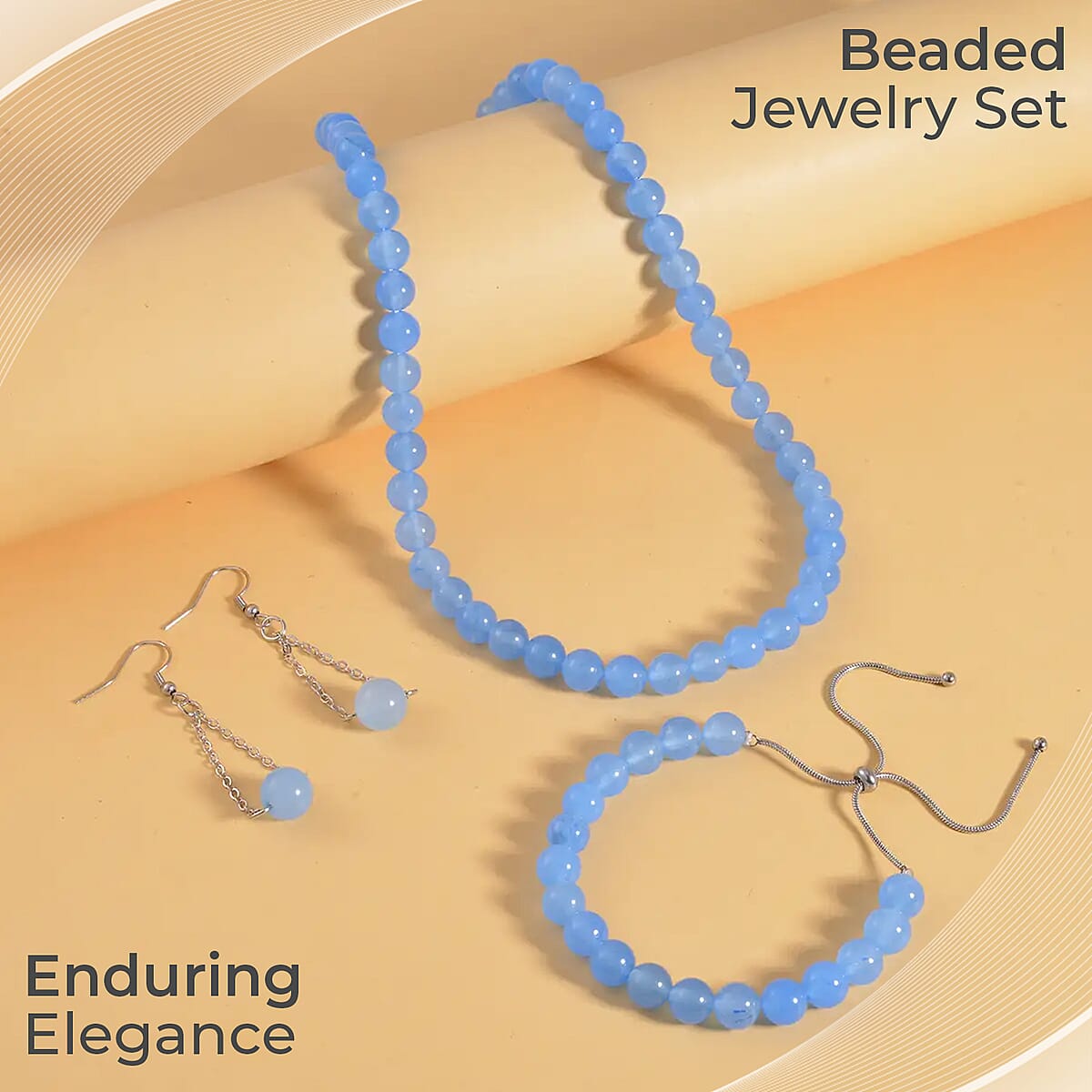 Blue Agate Jewelry Set of Dangle Earrings, Bolo Bracelet and Beaded Necklace, 18-22 Inch Necklace, Stainless Steel Jewelry Set 264.25 ctw image number 1