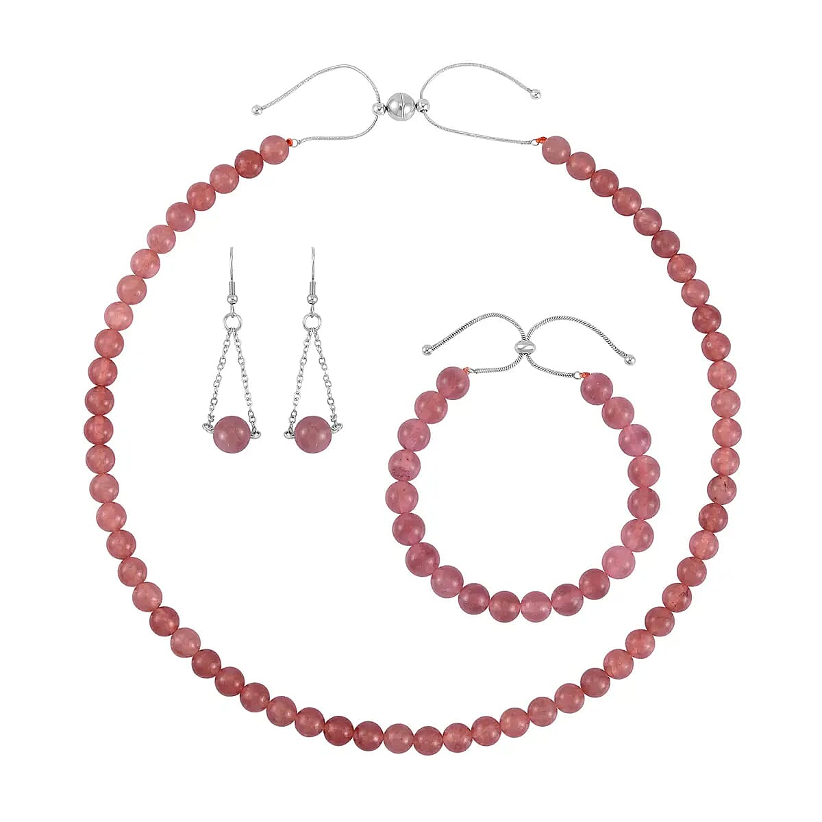 Strawberry Quartz Set of Dangle Earrings, Bolo Bracelet and Beaded Necklace, 18-22 Inch Necklace, Stainless Steel Jewelry Set 264.25 ctw