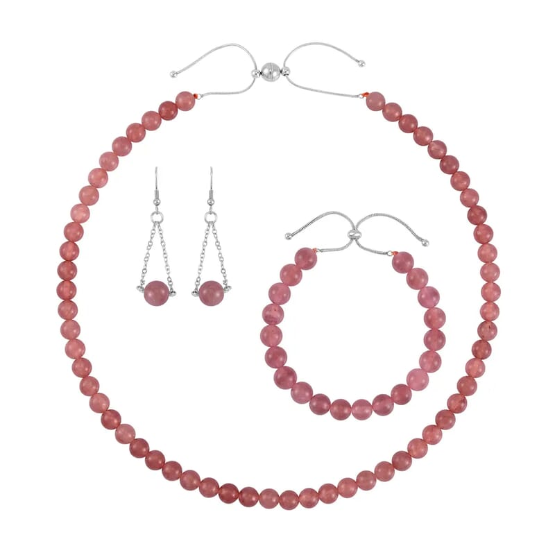 Strawberry Quartz Set of Dangle Earrings, Bolo Bracelet and Beaded Necklace, 18-22 Inch Necklace, Stainless Steel Jewelry Set 264.25 ctw