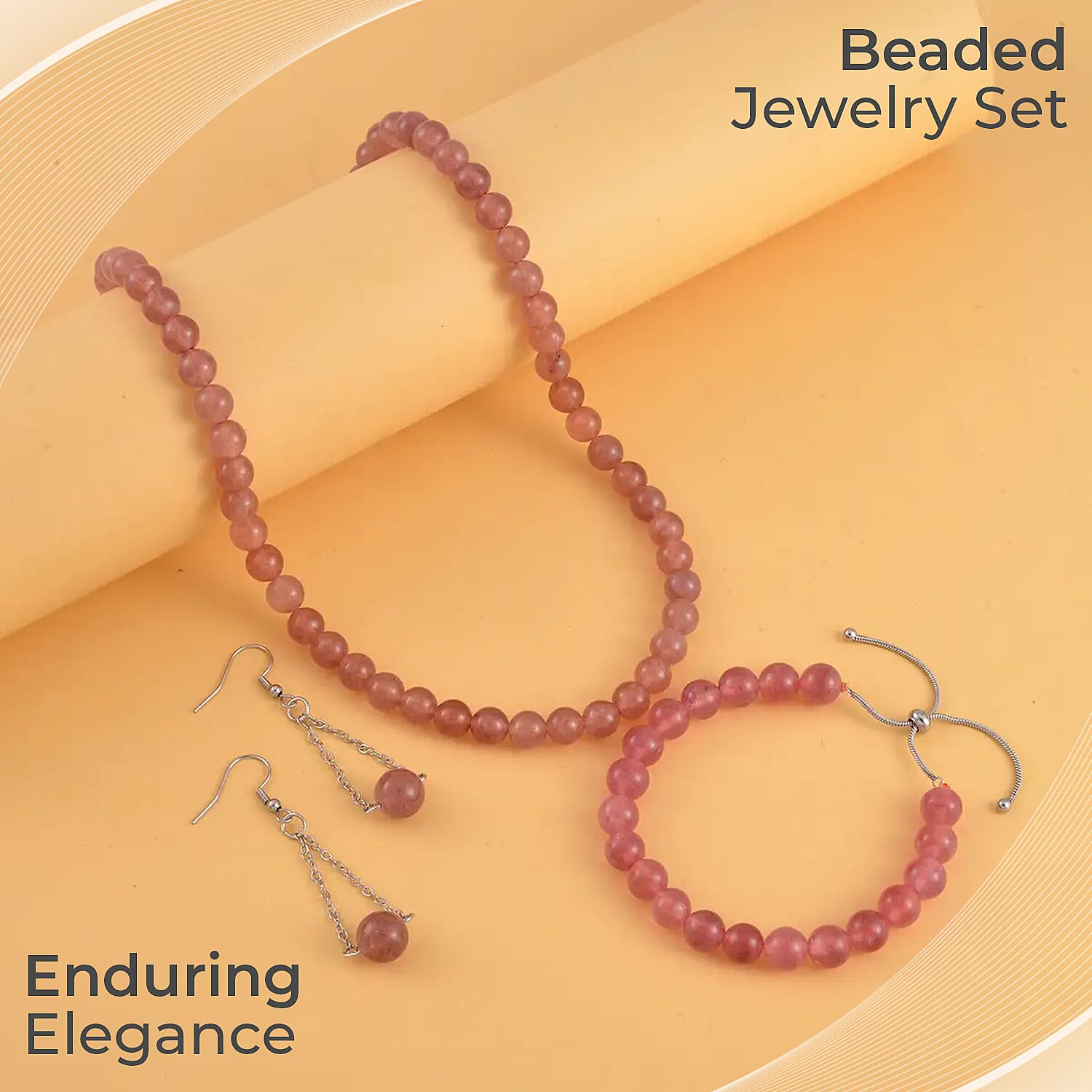 Strawberry Quartz Set of Dangle Earrings, Bolo Bracelet and Beaded Necklace, 18-22 Inch Necklace, Stainless Steel Jewelry Set 264.25 ctw