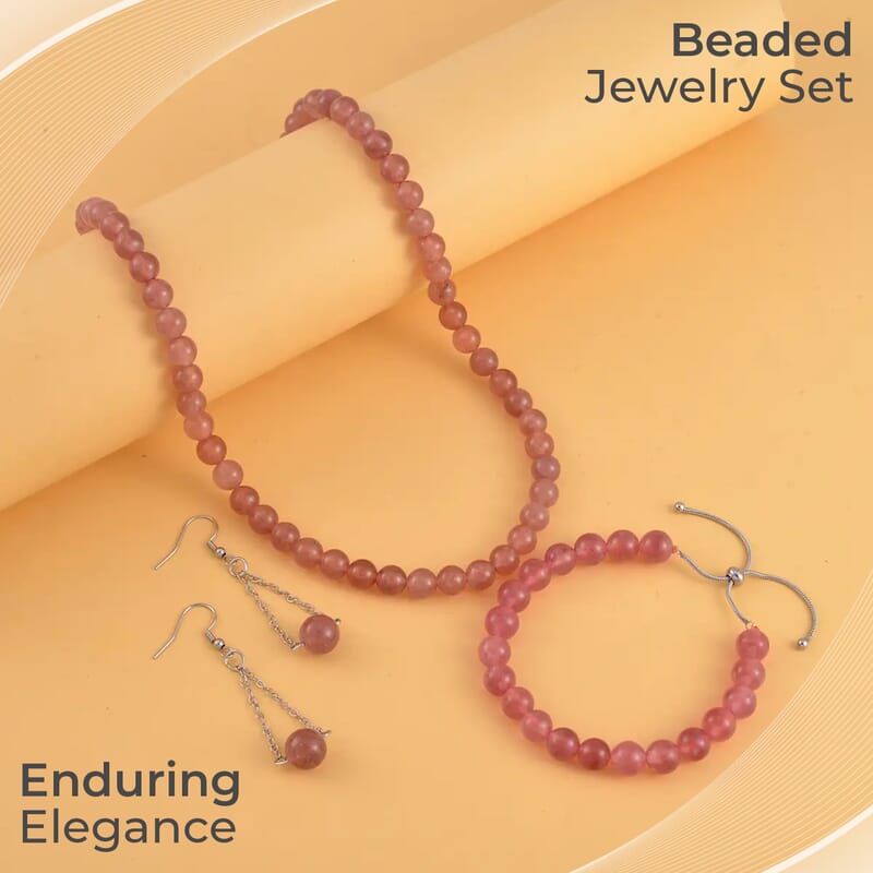 Strawberry Quartz Set of Dangle Earrings, Bolo Bracelet and Beaded Necklace, 18-22 Inch Necklace, Stainless Steel Jewelry Set 264.25 ctw