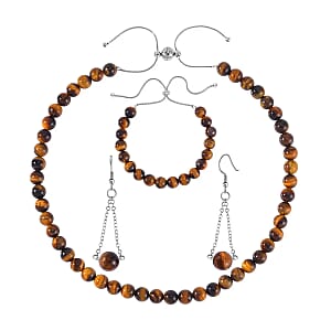Yellow Tiger's Eye Set of Dangle Earrings, Bolo Bracelet and Beaded Necklace, 18-22 Inch Necklace, Stainless Steel Jewelry Set 279.60 ctw
