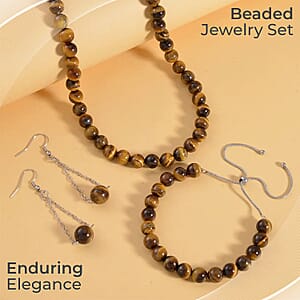 Yellow Tiger's Eye Set of Dangle Earrings, Bolo Bracelet and Beaded Necklace, 18-22 Inch Necklace, Stainless Steel Jewelry Set 279.60 ctw