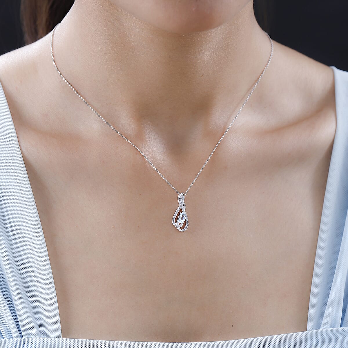 Premium Mangoro Aquamarine and White Zircon Pendant Necklace 20 Inches in Platinum Over Sterling Silver 0.65 ctw image number 2