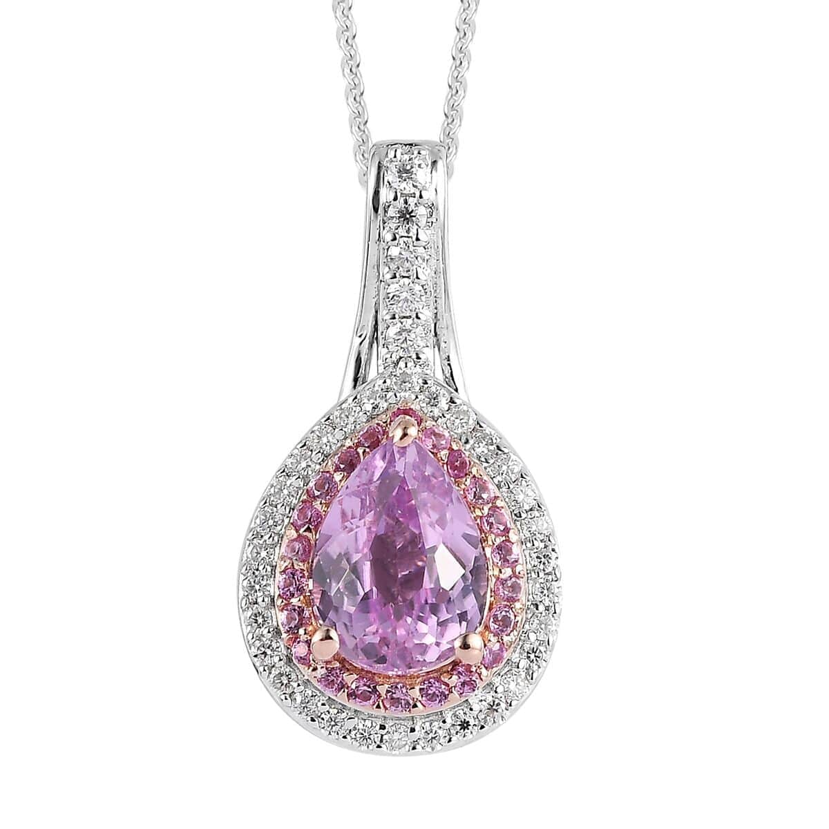 AAA Patroke Kunzite and Multi Gemstone Double Halo Pendant Necklace 20 Inches in Vermeil RG and Platinum Over Sterling Silver 1.75 ctw image number 0