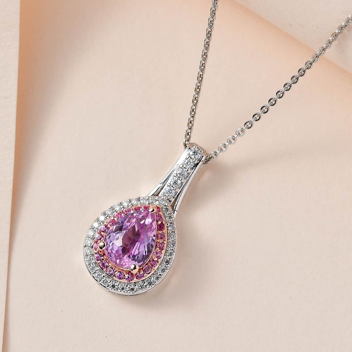 AAA Patroke Kunzite and Multi Gemstone Double Halo Pendant Necklace 20 Inches in Vermeil RG and Platinum Over Sterling Silver 1.75 ctw image number 1