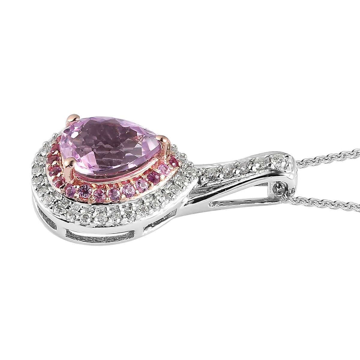 AAA Patroke Kunzite and Multi Gemstone Double Halo Pendant Necklace 20 Inches in Vermeil RG and Platinum Over Sterling Silver 1.75 ctw image number 3