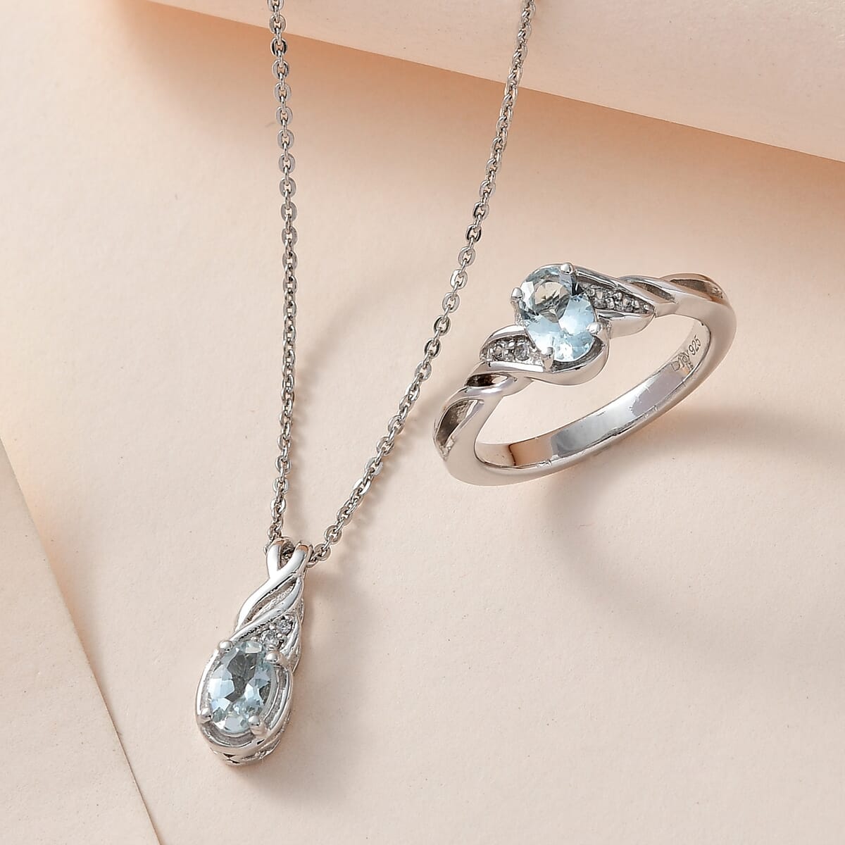 Premium Madagascar Aquamarine, White Zircon Ring (Size 5.0) and Pendant Necklace (20 Inches) in Platinum Over Sterling Silver 0.90 ctw image number 1