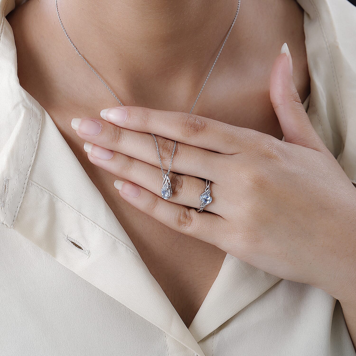 Premium Mangoro Aquamarine and White Zircon Ring Size 5.0 and Pendant Necklace 20 Inches in Platinum Over Sterling Silver 0.90 ctw