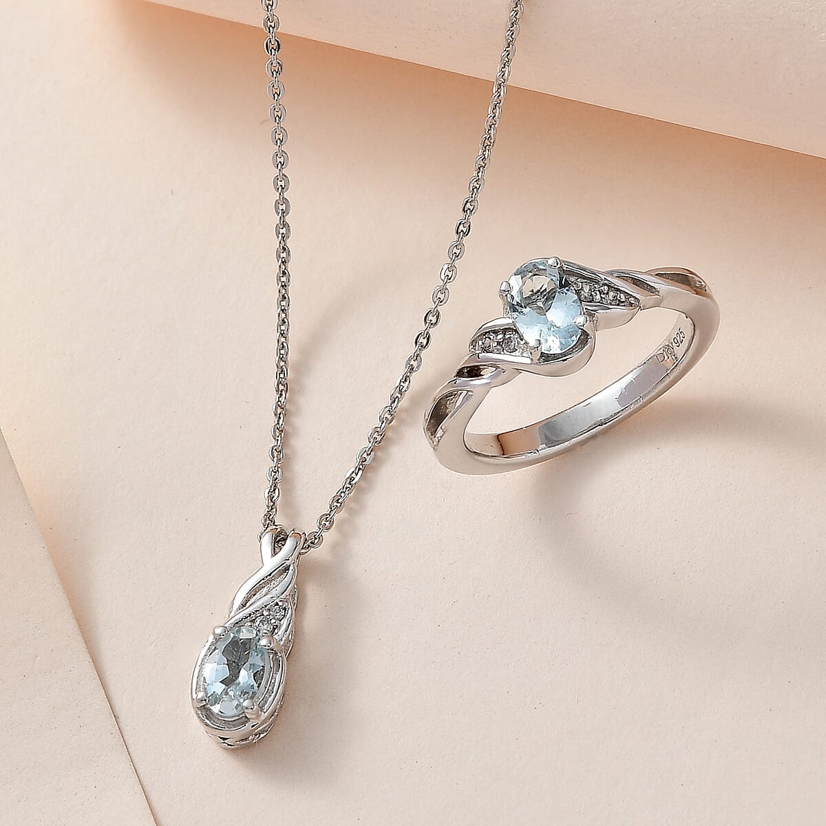 Premium Mangoro Aquamarine and White Zircon Ring Size 9.0 and Pendant Necklace 20 Inches in Platinum Over Sterling Silver 0.90 ctw image number 1