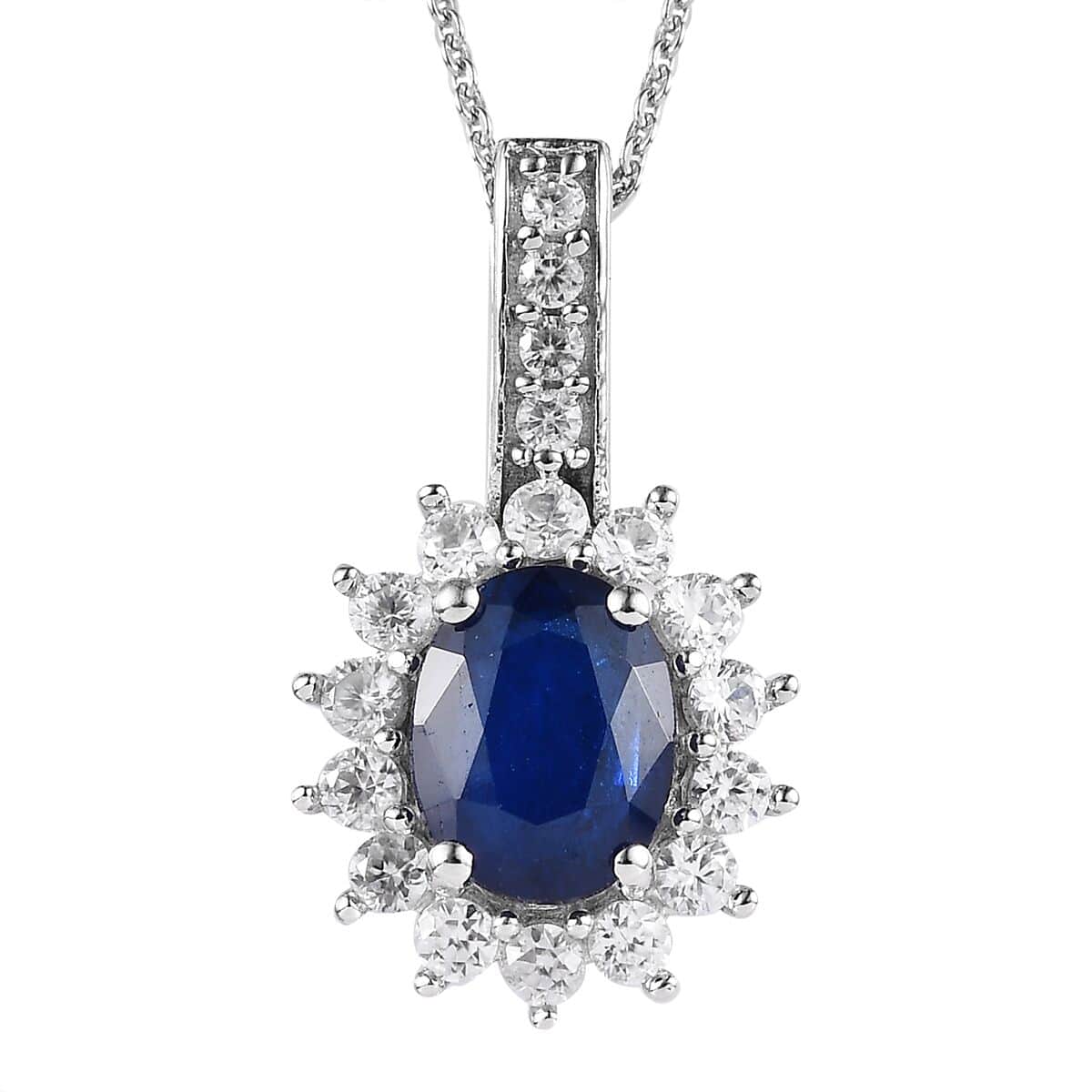 Tanzanian Blue Spinel (DF) and White Zircon Sunburst Pendant Necklace 20 Inches in Platinum Over Sterling Silver 3.25 ctw image number 0