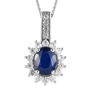 Tanzanian Blue Spinel (DF) and White Zircon Sunburst Pendant Necklace 20 Inches in Platinum Over Sterling Silver 3.25 ctw