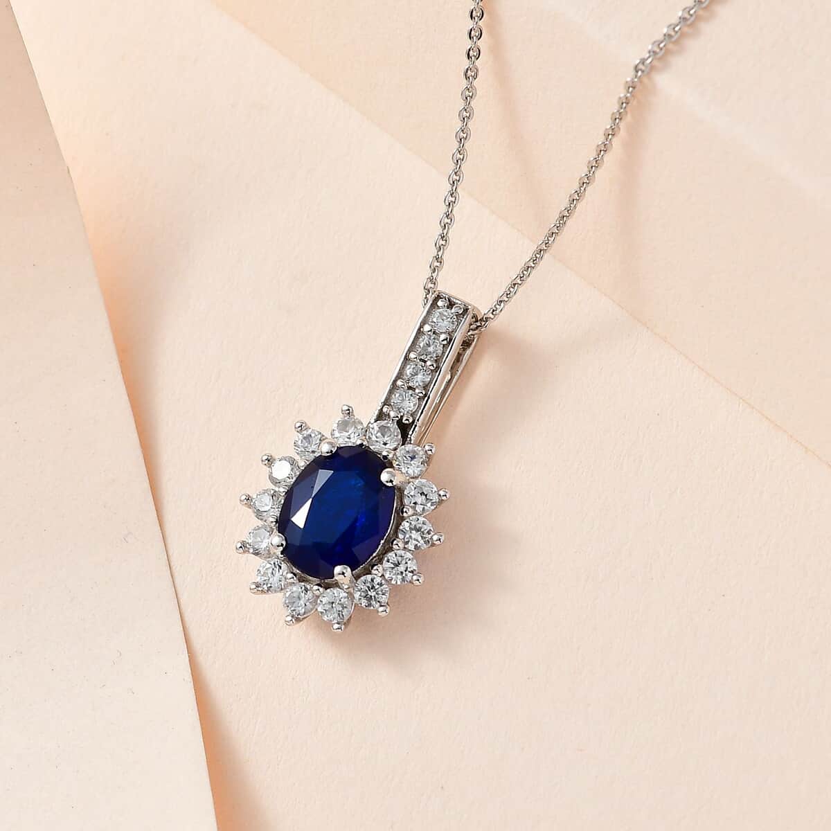 Tanzanian Blue Spinel (DF) and White Zircon Sunburst Pendant Necklace 20 Inches in Platinum Over Sterling Silver 3.25 ctw image number 1