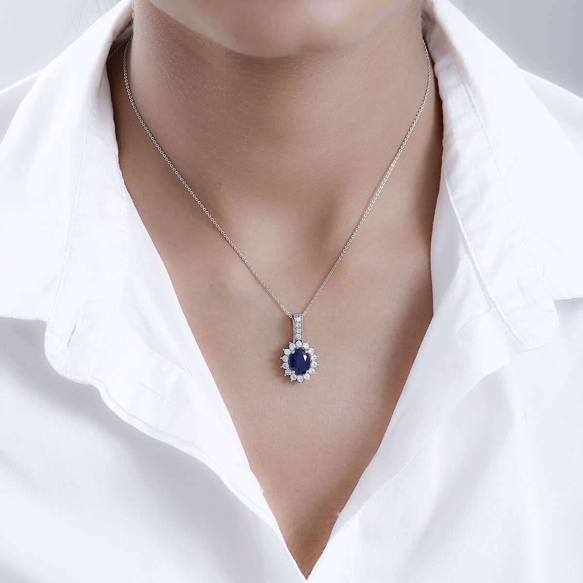 Tanzanian Blue Spinel (DF) and White Zircon Sunburst Pendant Necklace 20 Inches in Platinum Over Sterling Silver 3.25 ctw image number 2