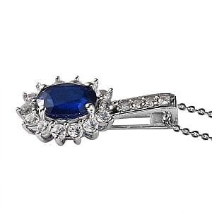 Tanzanian Blue Spinel (DF) and White Zircon Sunburst Pendant Necklace 20 Inches in Platinum Over Sterling Silver 3.25 ctw