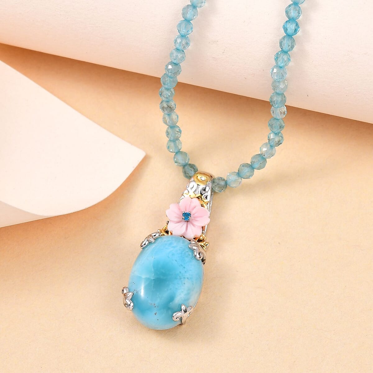 Larimar, Multi Gemstone Pendant with Beaded Necklace (18 Inches) in Platinum Over Sterling Silver 83.75 ctw image number 1