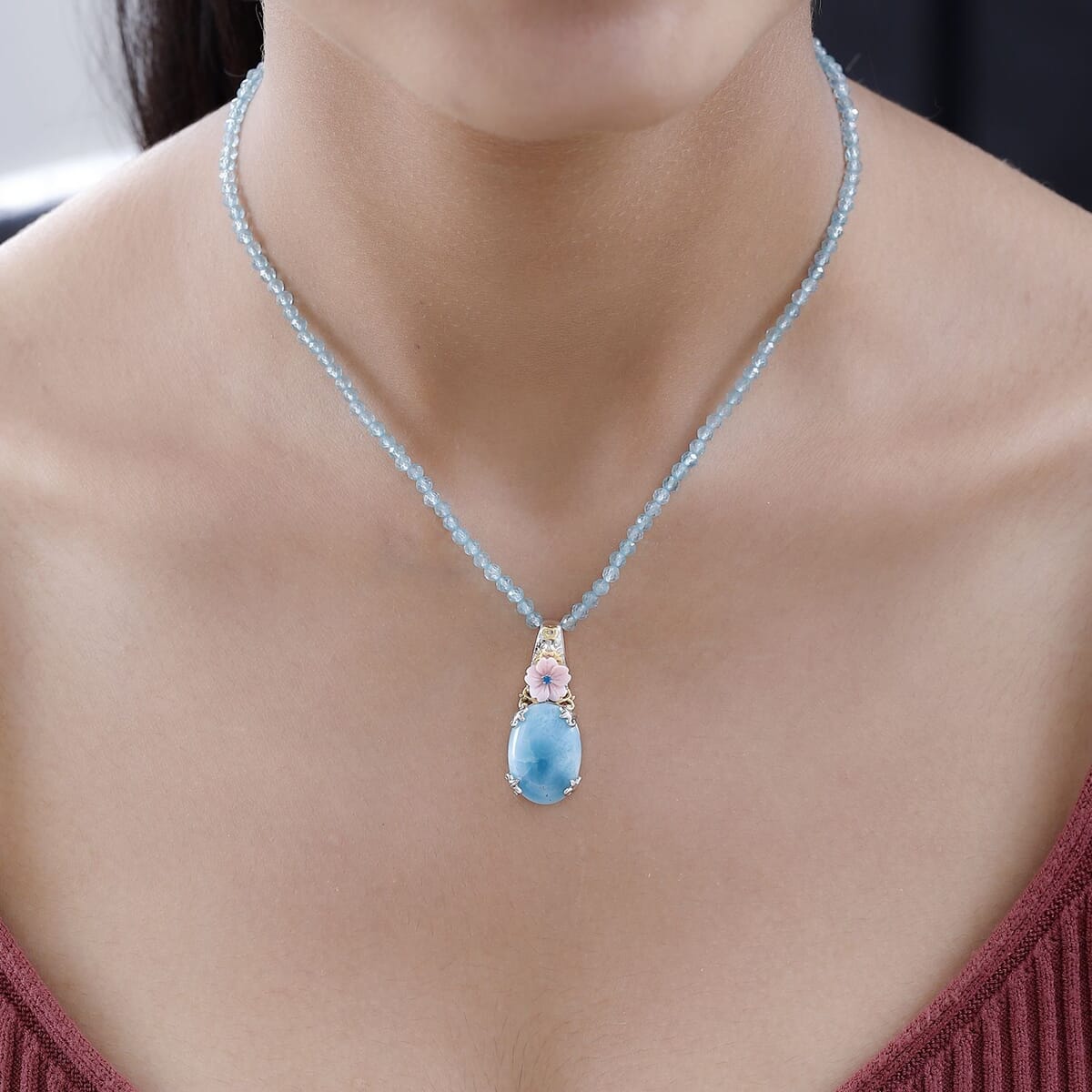 Larimar, Multi Gemstone Pendant with Beaded Necklace (18 Inches) in Platinum Over Sterling Silver 83.75 ctw image number 2